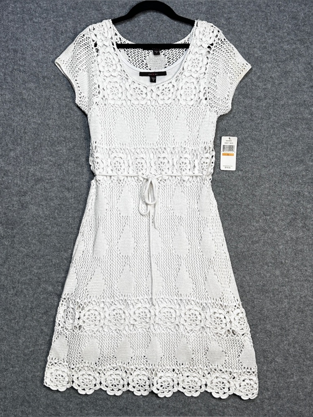 Fever Womens S White Crochet Tie Waist Midi Lined Dress Boho Casual Vacay New